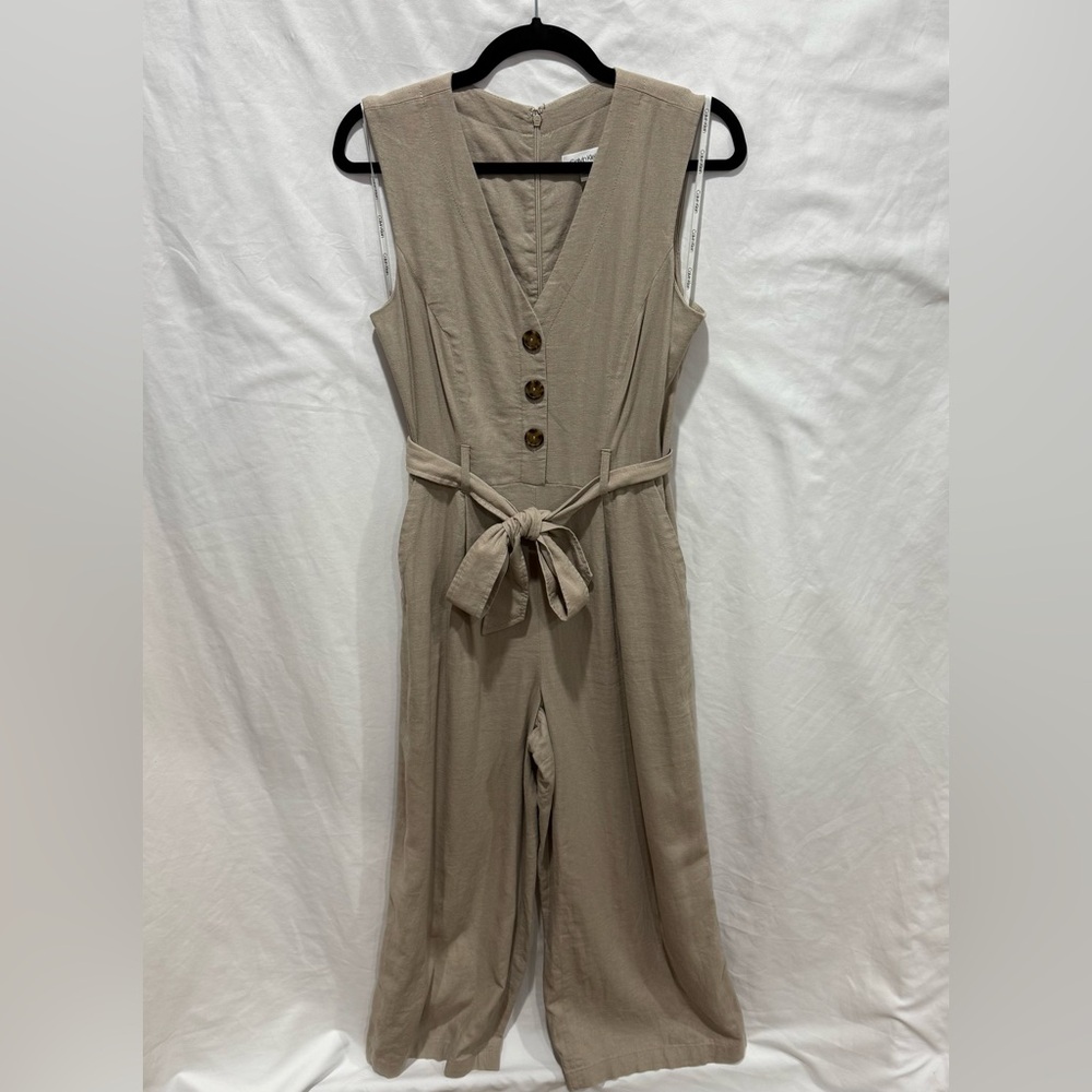 Calvin Klein Linen Blend‎ Sleeveless Jumpsuit 6 Taupe Wide Leg Belted Pockets